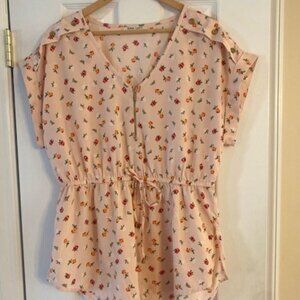 Speed Limit Women's Peach Floral Flowy Drawwaist Zip Button Detail Top Blouse XL
